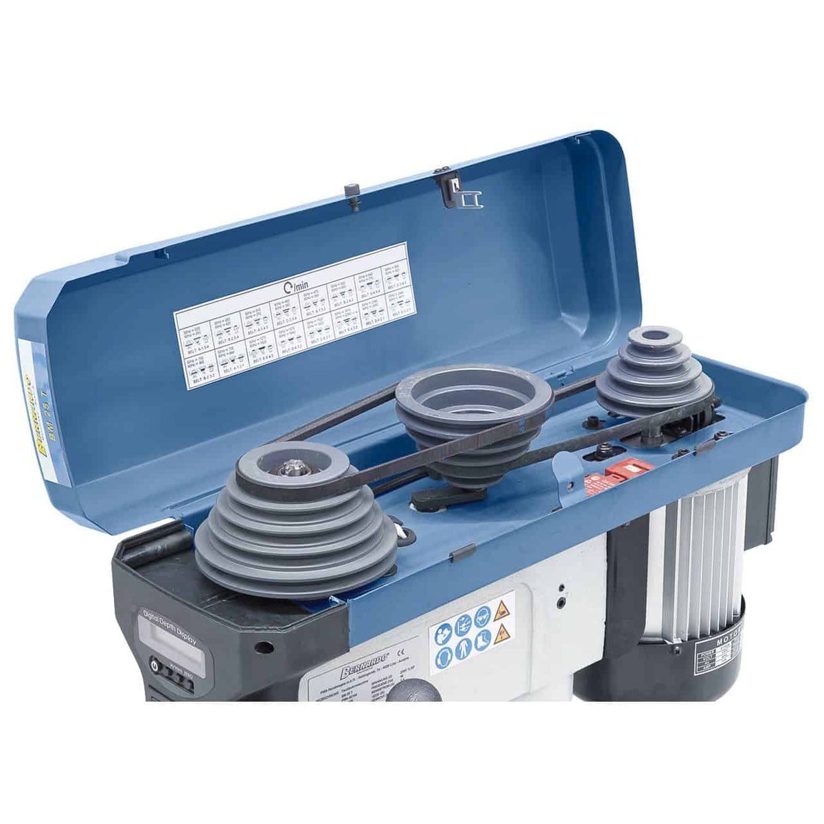 Taladro de banco Bernardo BM 25 T / 230 V con display digital y LED – perforación Ø 25 mm, cono MT 2, 16 velocidad 220-2.840 rpm, motor 0,75 kW 230V, peso 57 kg