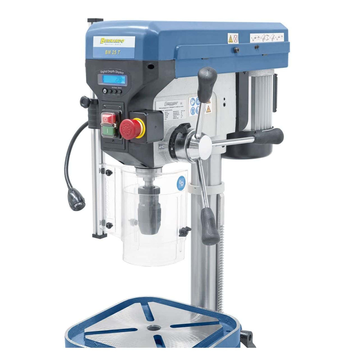 Taladro de banco Bernardo BM 25 T / 230 V con display digital y LED – perforación Ø 25 mm, cono MT 2, 16 velocidad 220-2.840 rpm, motor 0,75 kW 230V, peso 57 kg