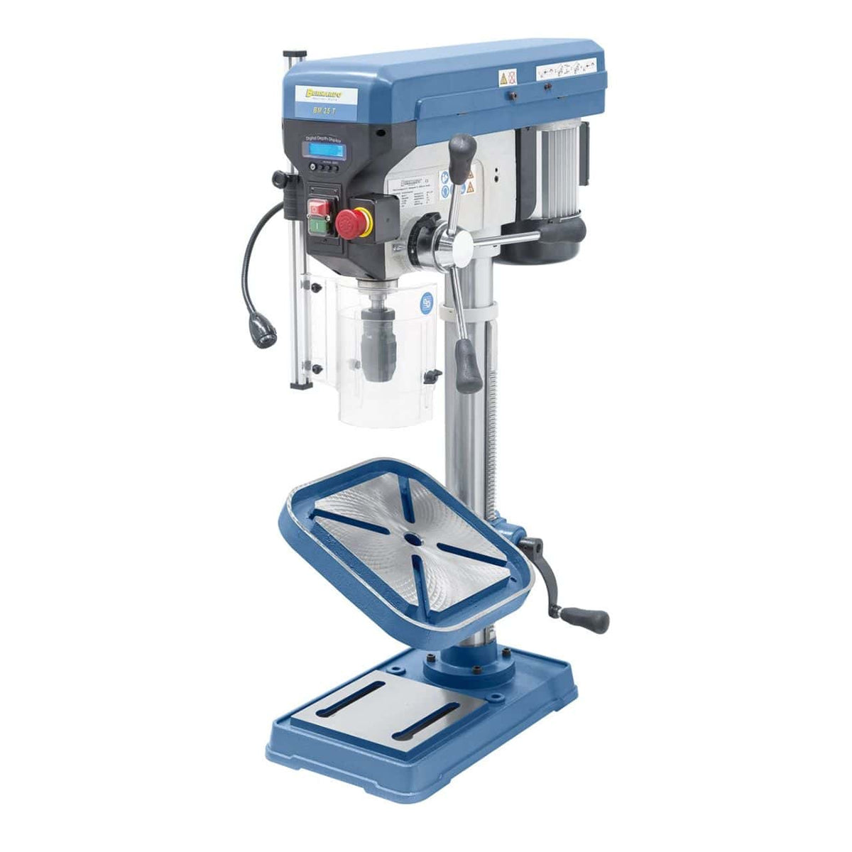 Taladro de banco Bernardo BM 25 T / 230 V con display digital y LED – perforación Ø 25 mm, cono MT 2, 16 velocidad 220-2.840 rpm, motor 0,75 kW 230V, peso 57 kg
