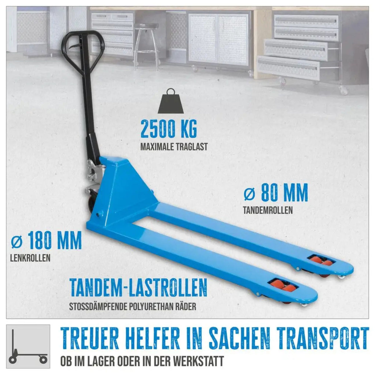 Carro elevador manual Güde 2500 kg – PU (horquillas 1800 mm)