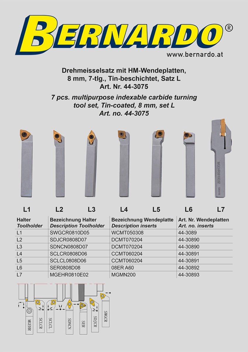 Set utensili tornitura Bernardo 8 mm – 7 pezzi TiN Set L