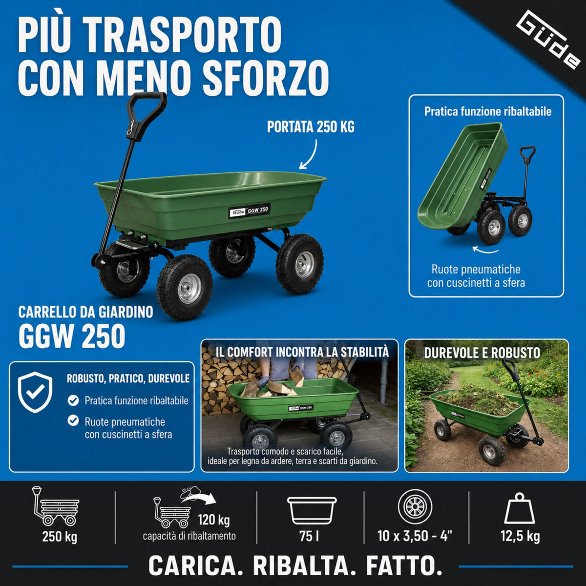 Carro de jardín Güde GGW 250 – Capacidad de carga 250 kg, cuba 75 L