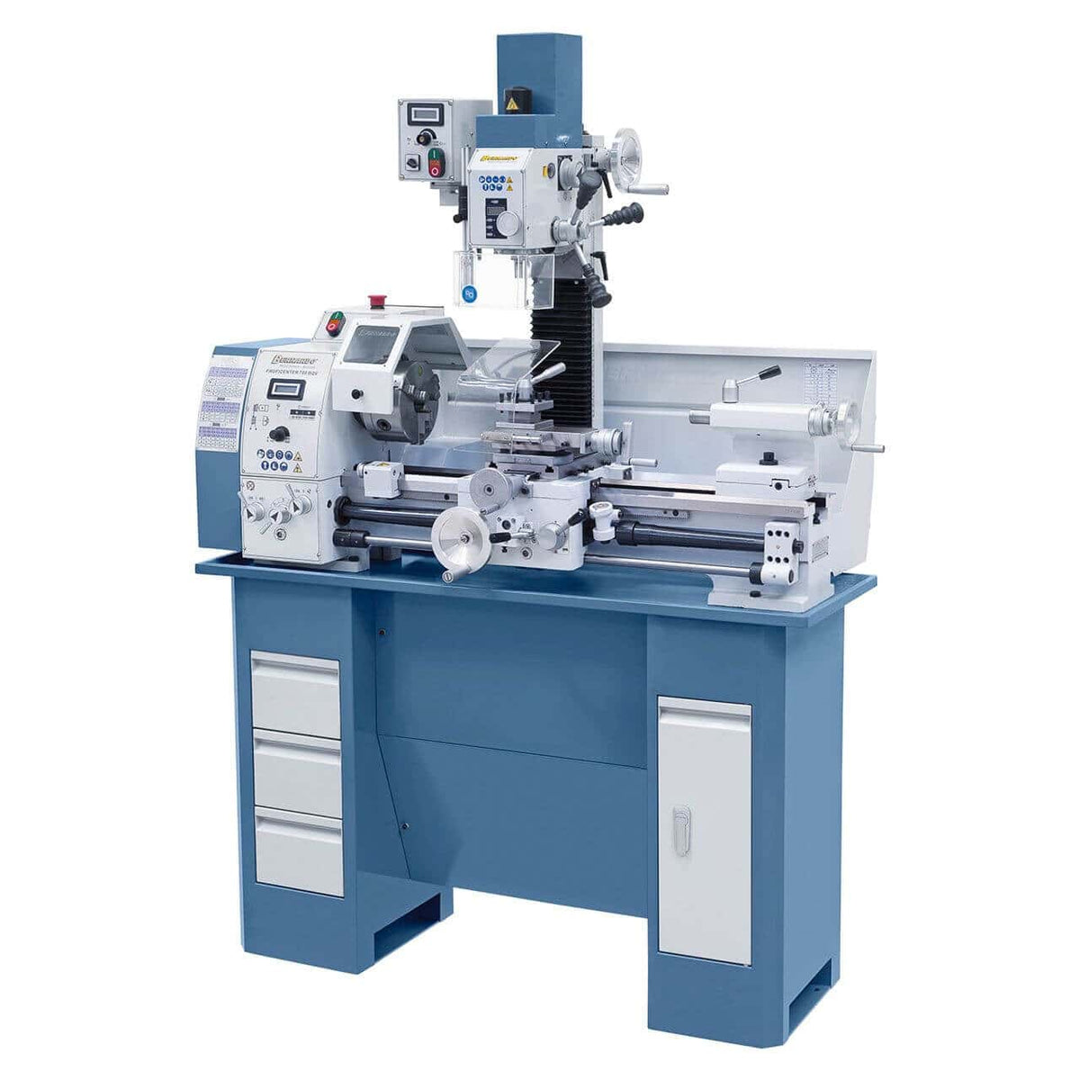 Tornio-fresa combinato Bernardo Proficenter 700 BQV con mandrino a 3 griffe, testa orientabile e avanzamenti automatici.
