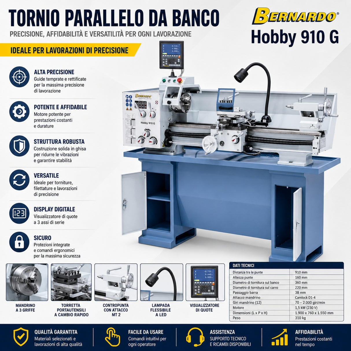 Torno para metal Bernardo Hobby 910 G 230V / 400V con DRO a 3 ejes ES-12 V