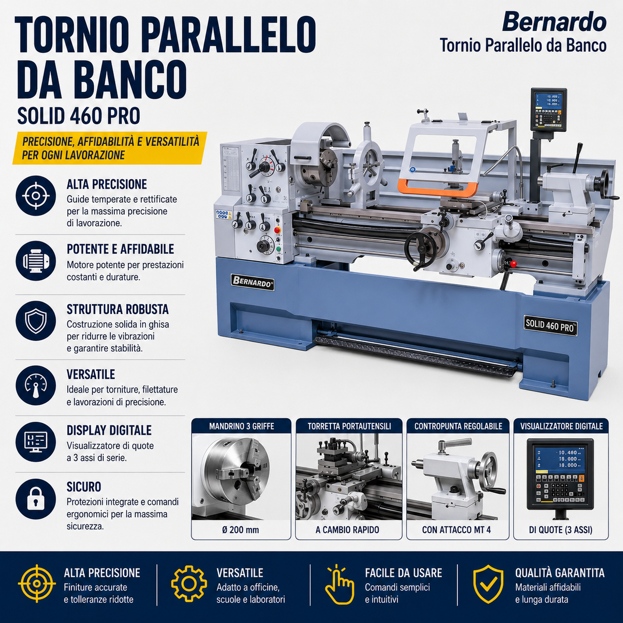 Torno para metal Bernardo Solid 460 x 2000 Pro con visualizador digital 3 ejes