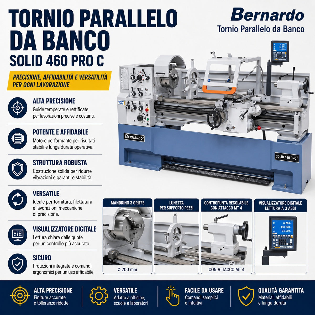 Torno para metal Bernardo Solid 460 x 1500 Pro con visualizador digital 3 ejes