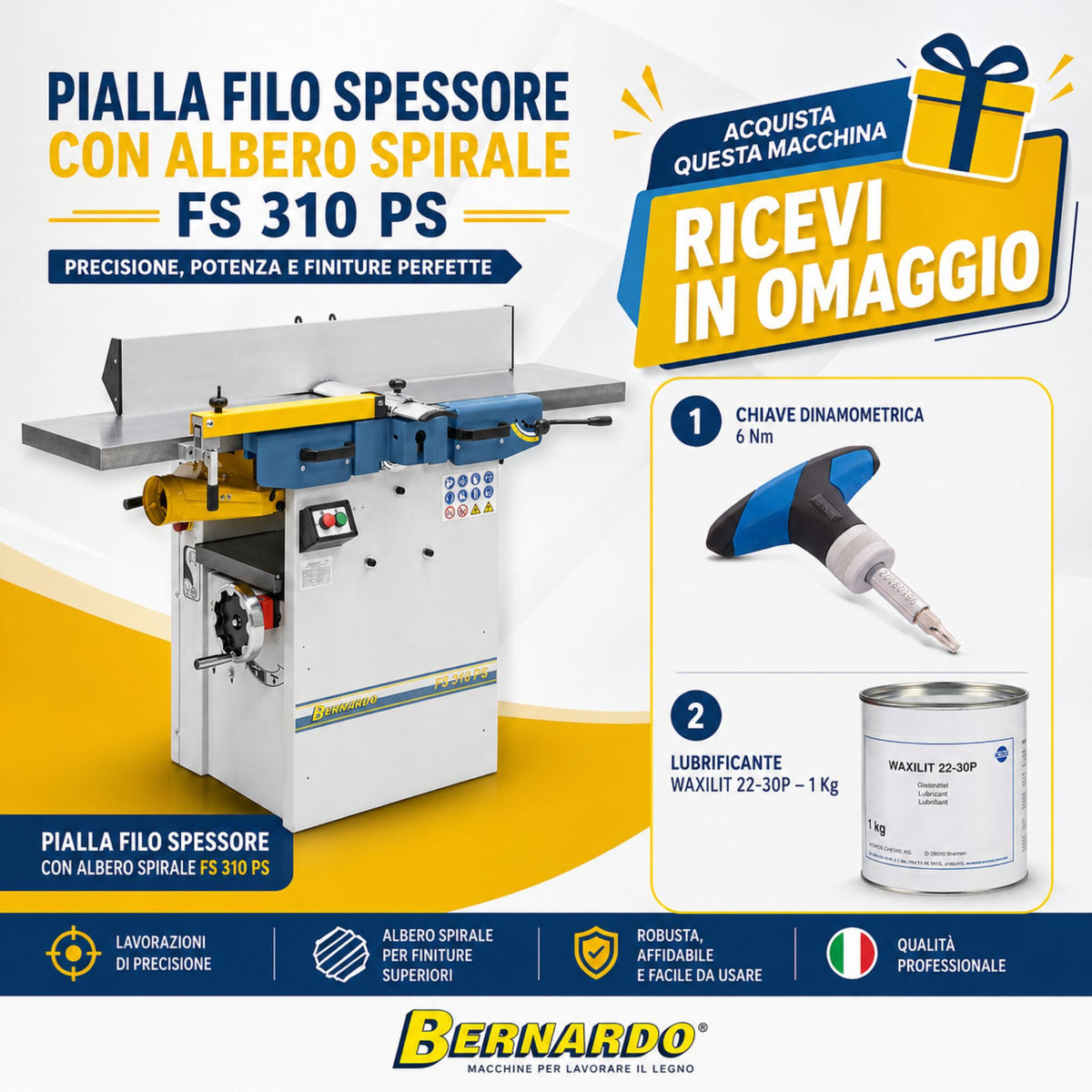Cepilladora-regruesadora Bernardo FS 310 PS, 230 V, con eje helicoidal, llave dinamométrica y lubricante Waxilit de regalo.
