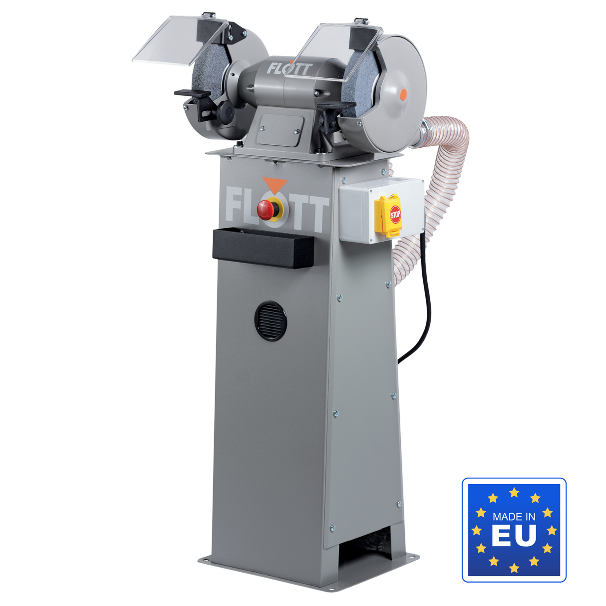 Mola da banco doppia Flott TS 200 SD P con motore trifase 400 V, protezioni laterali chiuse, due mole abrasive, schermi protettivi e raccordo per aspirazione.