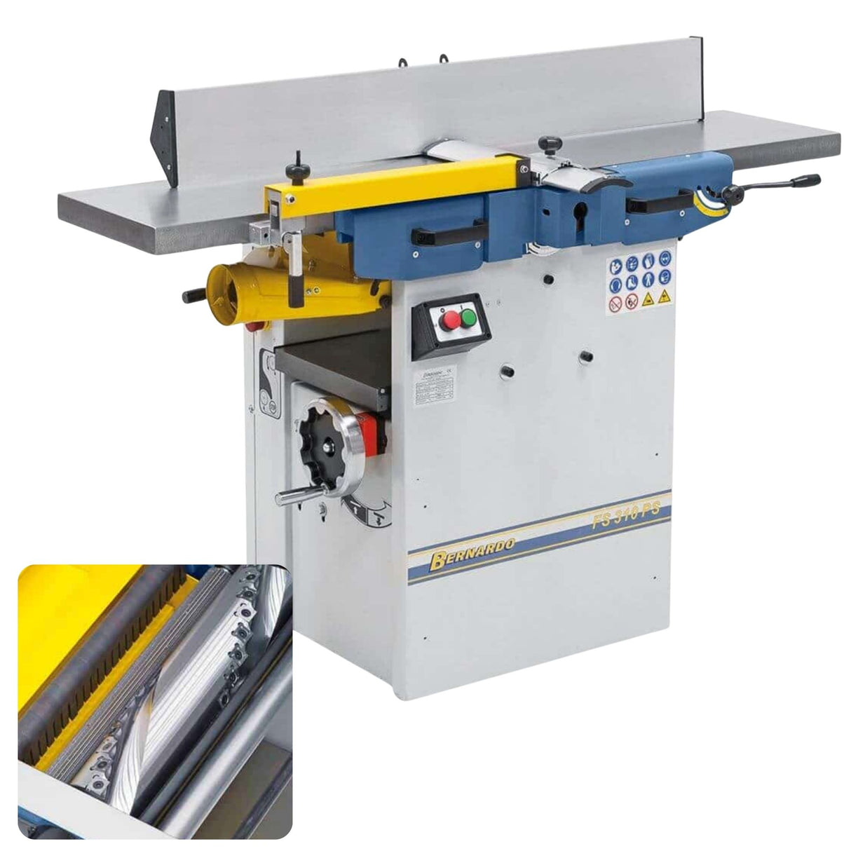 Vista completa della Pialla a filo e spessore FS 310 PS Bernardo con tavoli in ghisa da 1400 mm, guida prismatica inclinabile e albero a spirale con inserti in metallo duro.