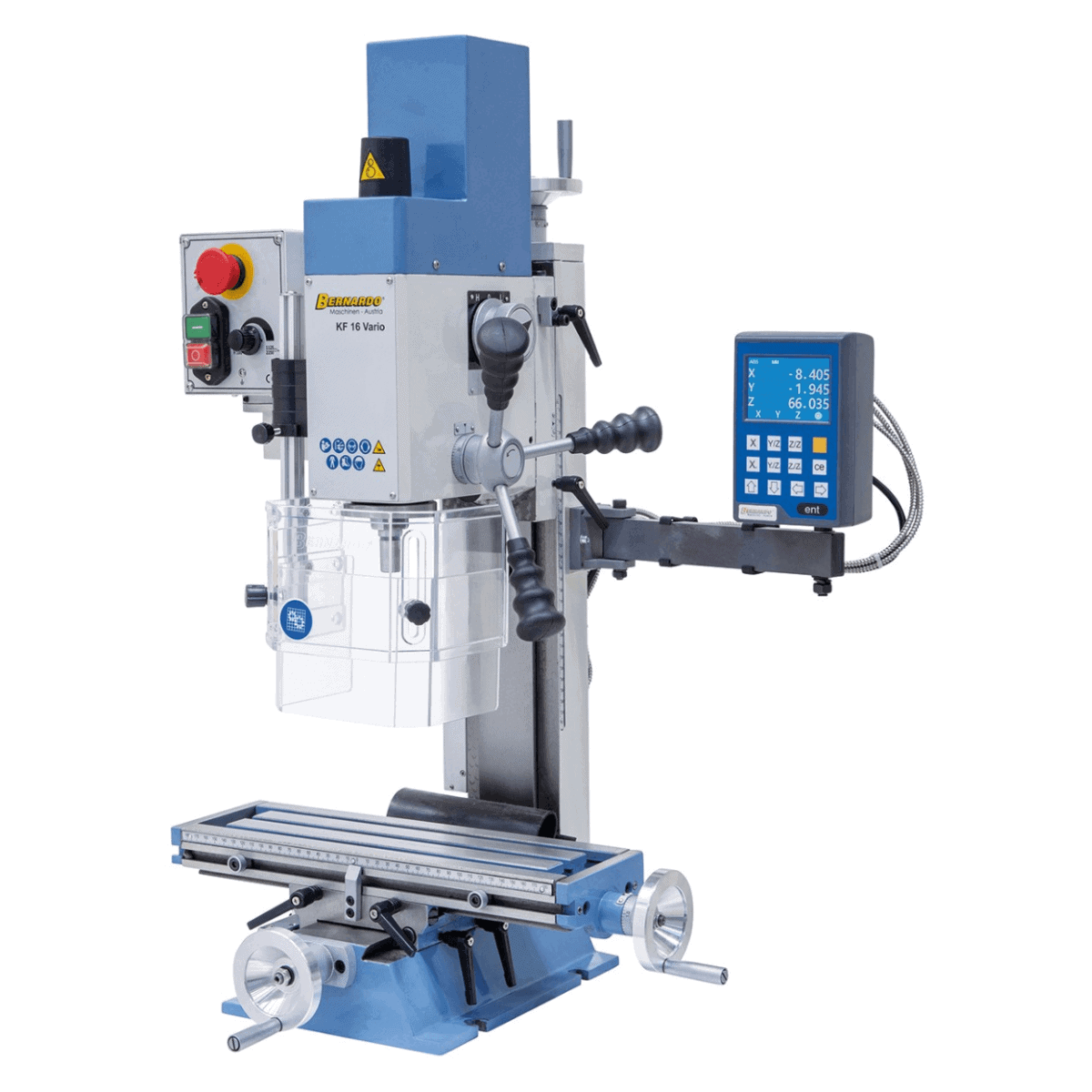 Taladro-fresadora Bernardo KF 16 Vario con DRO DT 40 a 3 ejes – perforación Ø 16 mm, fresa frontal Ø 50 mm, mesa 400 × 120 mm, cabezal inclinable -90°/+90°, motor 0,5 kW, 230V monofásico, peso 60 kg