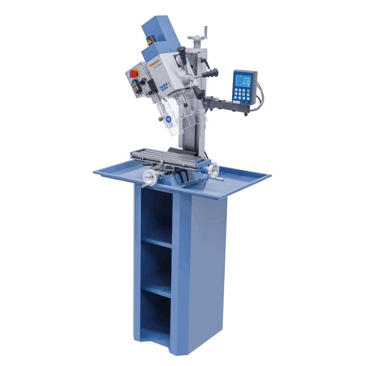 Taladro-fresadora Bernardo KF 16 Vario con DRO DT 40 a 3 ejes – perforación Ø 16 mm, fresa frontal Ø 50 mm, mesa 400 × 120 mm, cabezal inclinable -90°/+90°, motor 0,5 kW, 230V monofásico, peso 60 kg