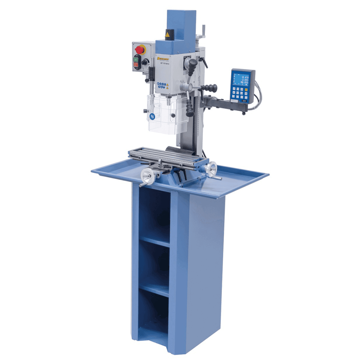 Taladro-fresadora Bernardo KF 16 Vario con DRO DT 40 a 3 ejes – perforación Ø 16 mm, fresa frontal Ø 50 mm, mesa 400 × 120 mm, cabezal inclinable -90°/+90°, motor 0,5 kW, 230V monofásico, peso 60 kg