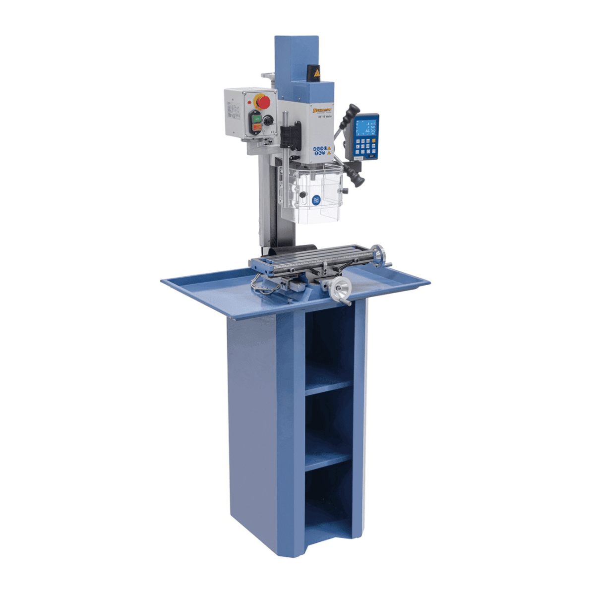 Taladro-fresadora Bernardo KF 16 Vario con DRO DT 40 a 3 ejes – perforación Ø 16 mm, fresa frontal Ø 50 mm, mesa 400 × 120 mm, cabezal inclinable -90°/+90°, motor 0,5 kW, 230V monofásico, peso 60 kg