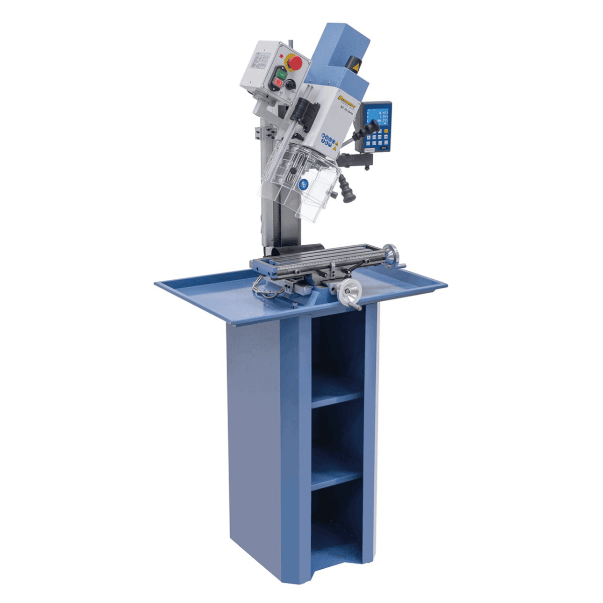 Taladro-fresadora Bernardo KF 16 Vario con DRO DT 40 a 3 ejes – perforación Ø 16 mm, fresa frontal Ø 50 mm, mesa 400 × 120 mm, cabezal inclinable -90°/+90°, motor 0,5 kW, 230V monofásico, peso 60 kg