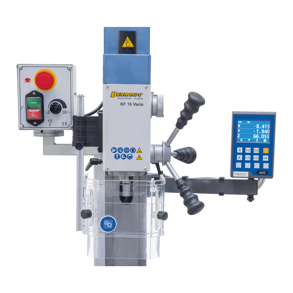 Taladro-fresadora Bernardo KF 16 Vario con DRO DT 40 a 3 ejes – perforación Ø 16 mm, fresa frontal Ø 50 mm, mesa 400 × 120 mm, cabezal inclinable -90°/+90°, motor 0,5 kW, 230V monofásico, peso 60 kg