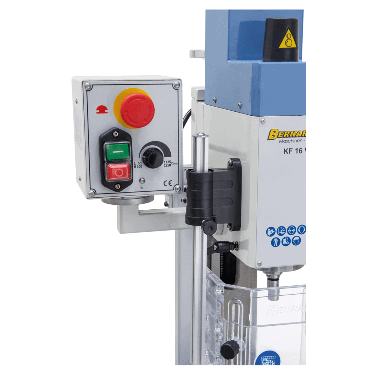 Taladro-fresadora Bernardo KF 16 Vario con DRO DT 40 a 3 ejes – perforación Ø 16 mm, fresa frontal Ø 50 mm, mesa 400 × 120 mm, cabezal inclinable -90°/+90°, motor 0,5 kW, 230V monofásico, peso 60 kg