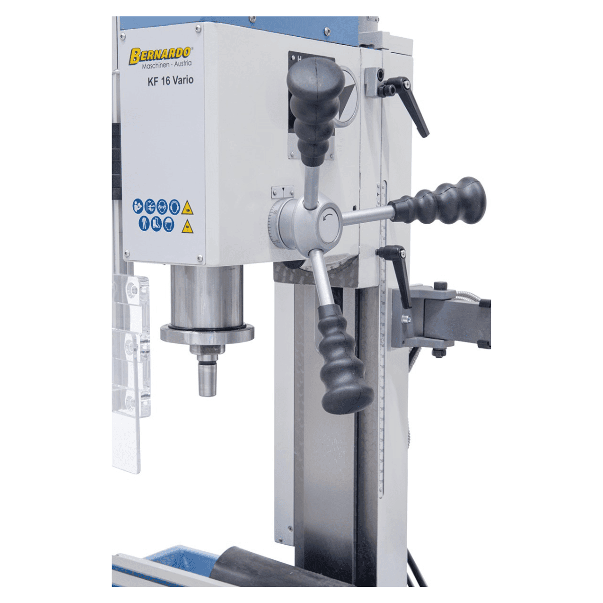 Taladro-fresadora Bernardo KF 16 Vario con DRO DT 40 a 3 ejes – perforación Ø 16 mm, fresa frontal Ø 50 mm, mesa 400 × 120 mm, cabezal inclinable -90°/+90°, motor 0,5 kW, 230V monofásico, peso 60 kg