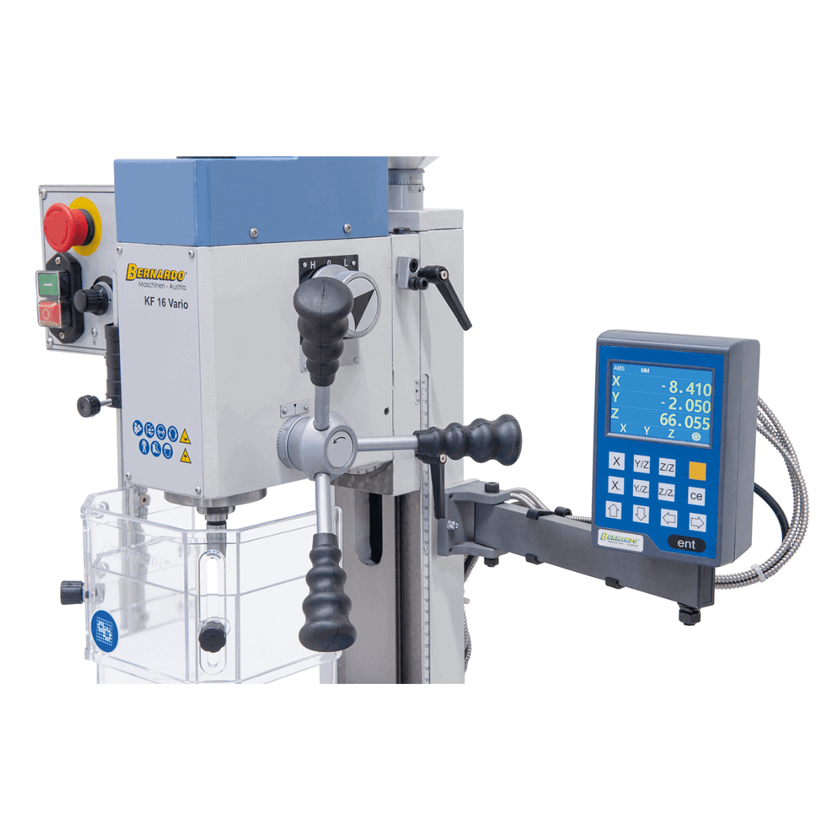 Taladro-fresadora Bernardo KF 16 Vario con DRO DT 40 a 3 ejes – perforación Ø 16 mm, fresa frontal Ø 50 mm, mesa 400 × 120 mm, cabezal inclinable -90°/+90°, motor 0,5 kW, 230V monofásico, peso 60 kg