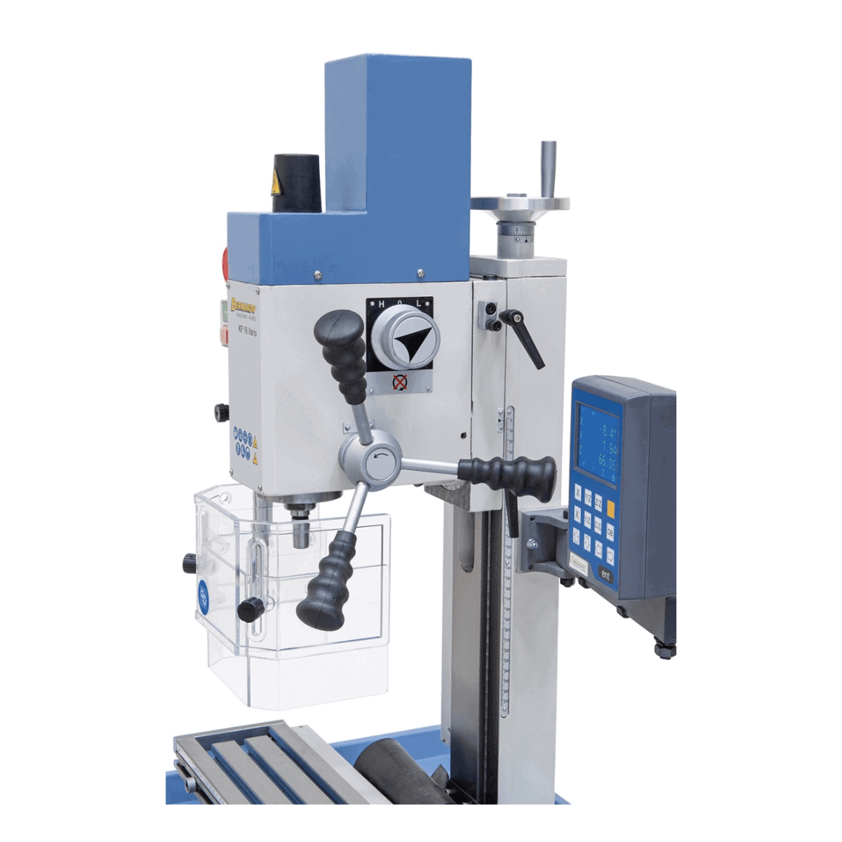 Taladro-fresadora Bernardo KF 16 Vario con DRO DT 40 a 3 ejes – perforación Ø 16 mm, fresa frontal Ø 50 mm, mesa 400 × 120 mm, cabezal inclinable -90°/+90°, motor 0,5 kW, 230V monofásico, peso 60 kg