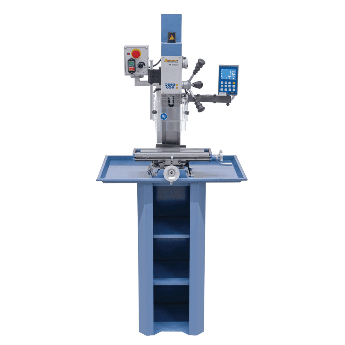 Taladro-fresadora Bernardo KF 16 Vario con DRO DT 40 a 3 ejes – perforación Ø 16 mm, fresa frontal Ø 50 mm, mesa 400 × 120 mm, cabezal inclinable -90°/+90°, motor 0,5 kW, 230V monofásico, peso 60 kg