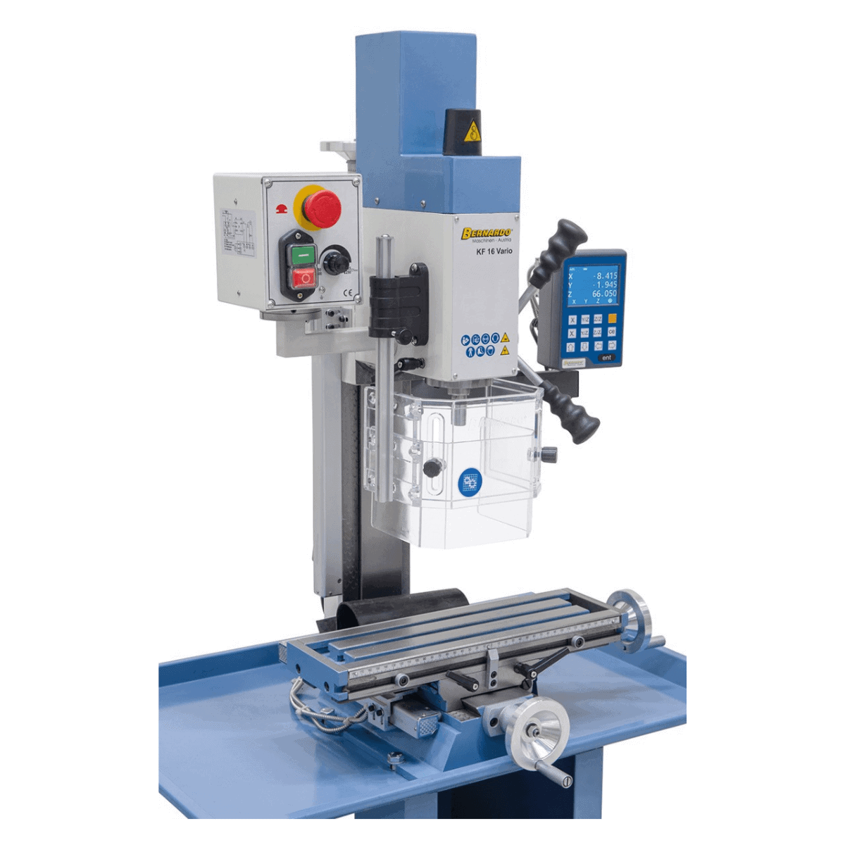Taladro-fresadora Bernardo KF 16 Vario con DRO DT 40 a 3 ejes – perforación Ø 16 mm, fresa frontal Ø 50 mm, mesa 400 × 120 mm, cabezal inclinable -90°/+90°, motor 0,5 kW, 230V monofásico, peso 60 kg