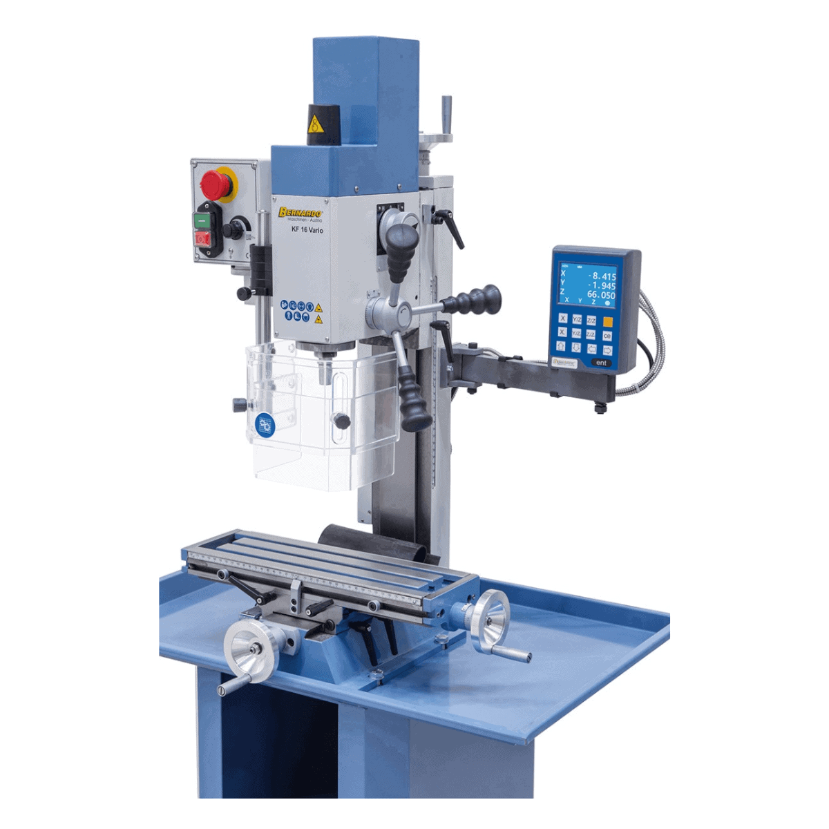 Taladro-fresadora Bernardo KF 16 Vario con DRO DT 40 a 3 ejes – perforación Ø 16 mm, fresa frontal Ø 50 mm, mesa 400 × 120 mm, cabezal inclinable -90°/+90°, motor 0,5 kW, 230V monofásico, peso 60 kg