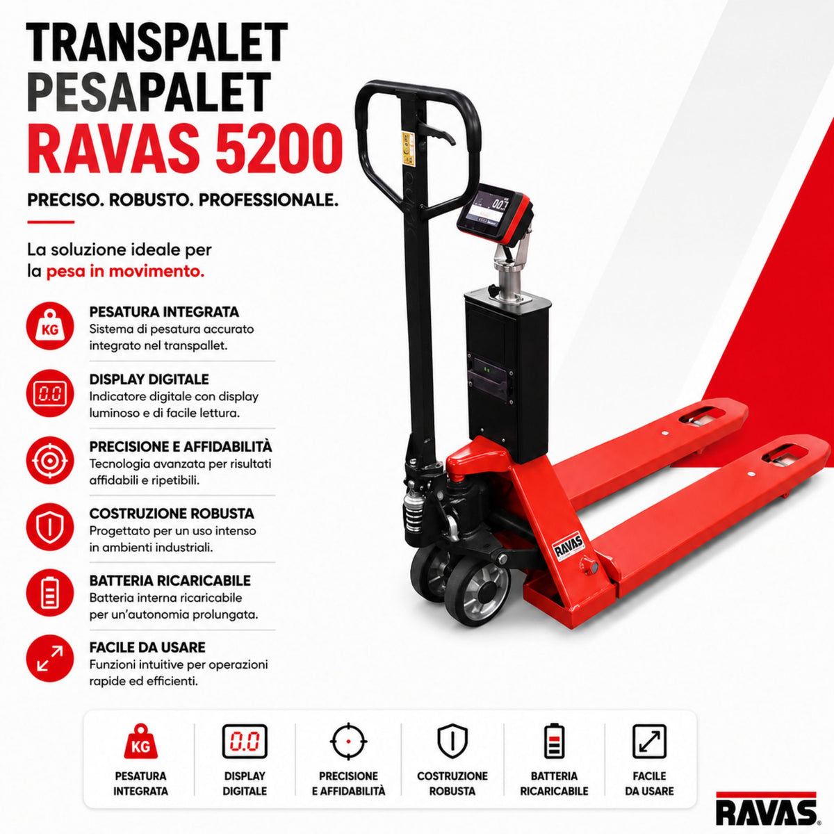 Transpaleta pesapalés RAVAS 5200 – touchscreen 5", multirange 0,2/0,5/1 kg