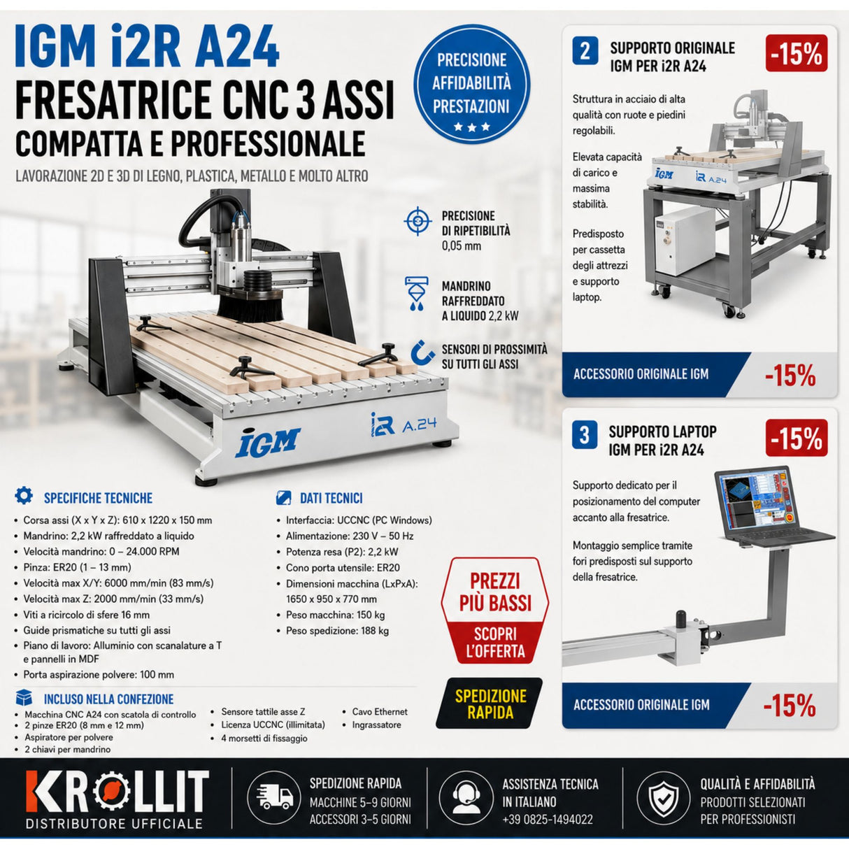 Combo fresadora CNC IGM i2R A24 + Soporte original + Soporte para portátil