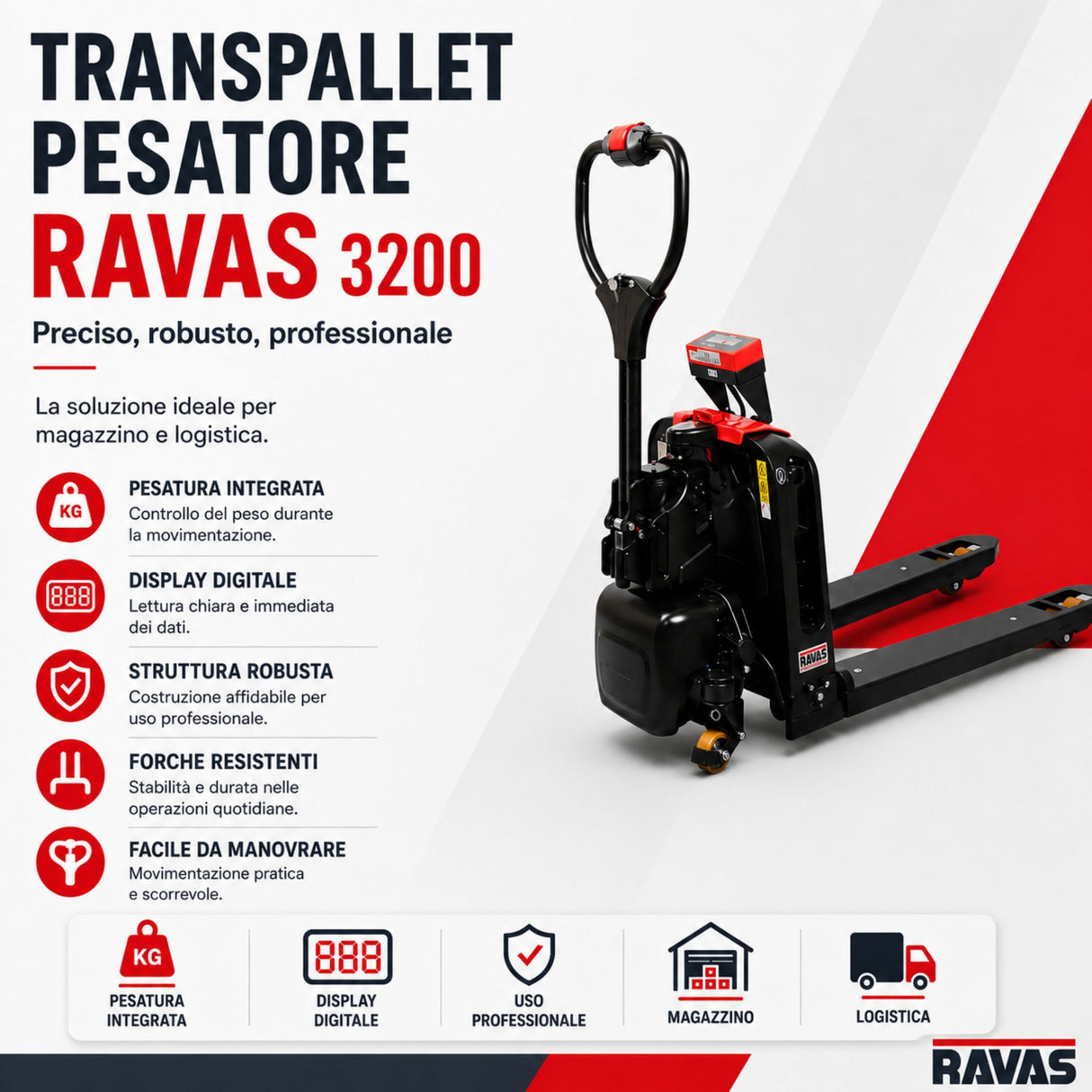 Transpaleta eléctrico RAVAS Ergo truck-2 – tracción eléctrica, pesaje integrada, Li-ion 24V