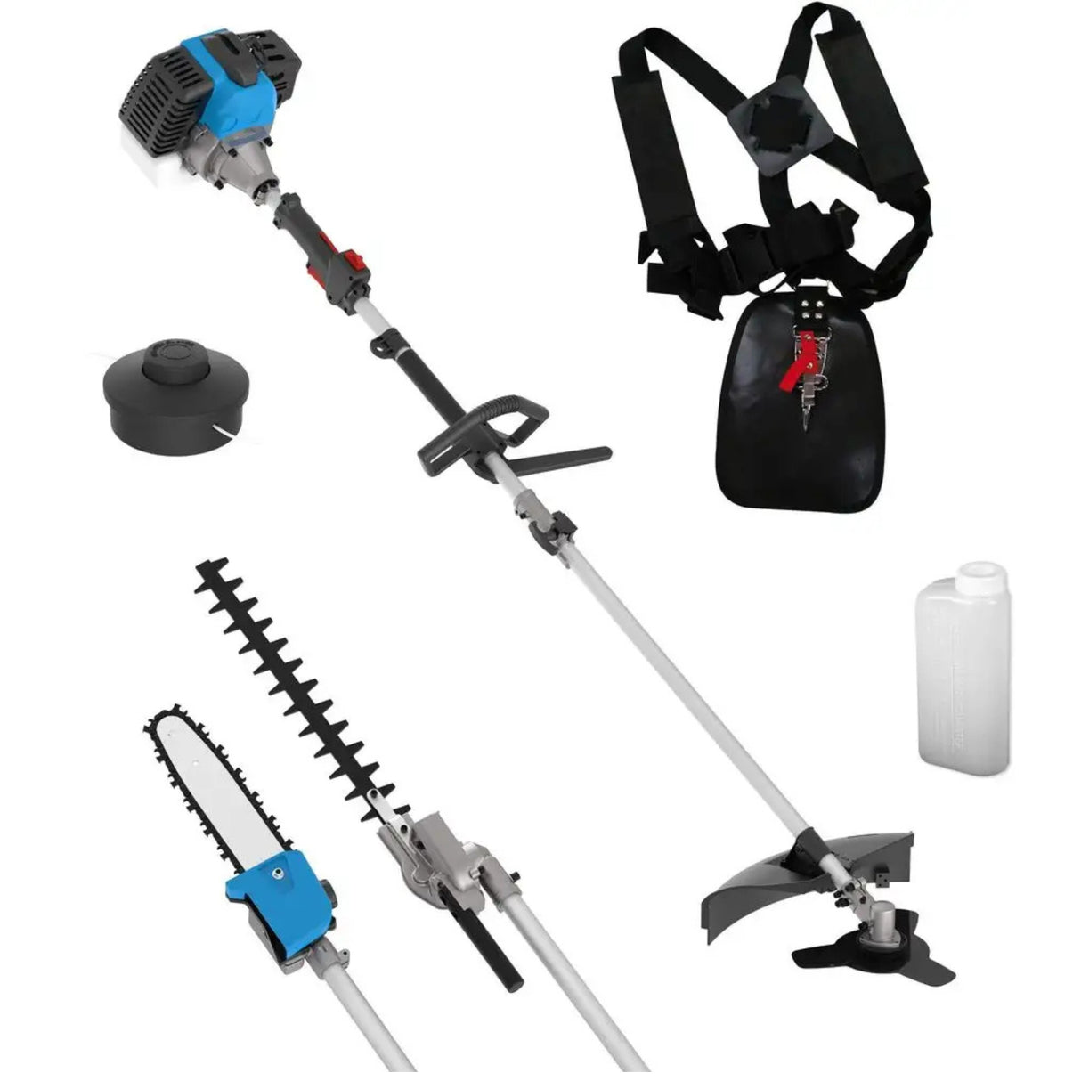 Set completo con motore 2-Takt 1,2 kW (1,6 PS) e quattro testine intercambiabili: tagliarami 300 mm, tagliasiepe 435 mm con testa girevole, decespugliatore con lama 255 mm, tagliaerba con filo 480 mm. Serbatoio 1,2 L, miscela 40:1. Cambio rapido testina senza attrezzi. Peso motore 2,8 kg. Certificato CE e TÜV. Ideale per manutenzione esterna residenziale e piccoli lavori professionali.