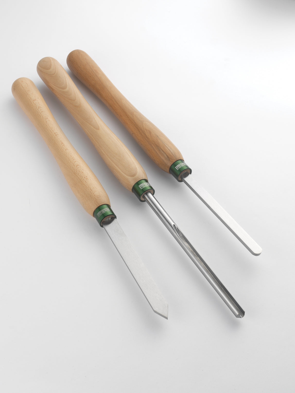 Set di 3 utensili Record Power per tornitura ciotole, con lame HSS e manici in faggio europeo.