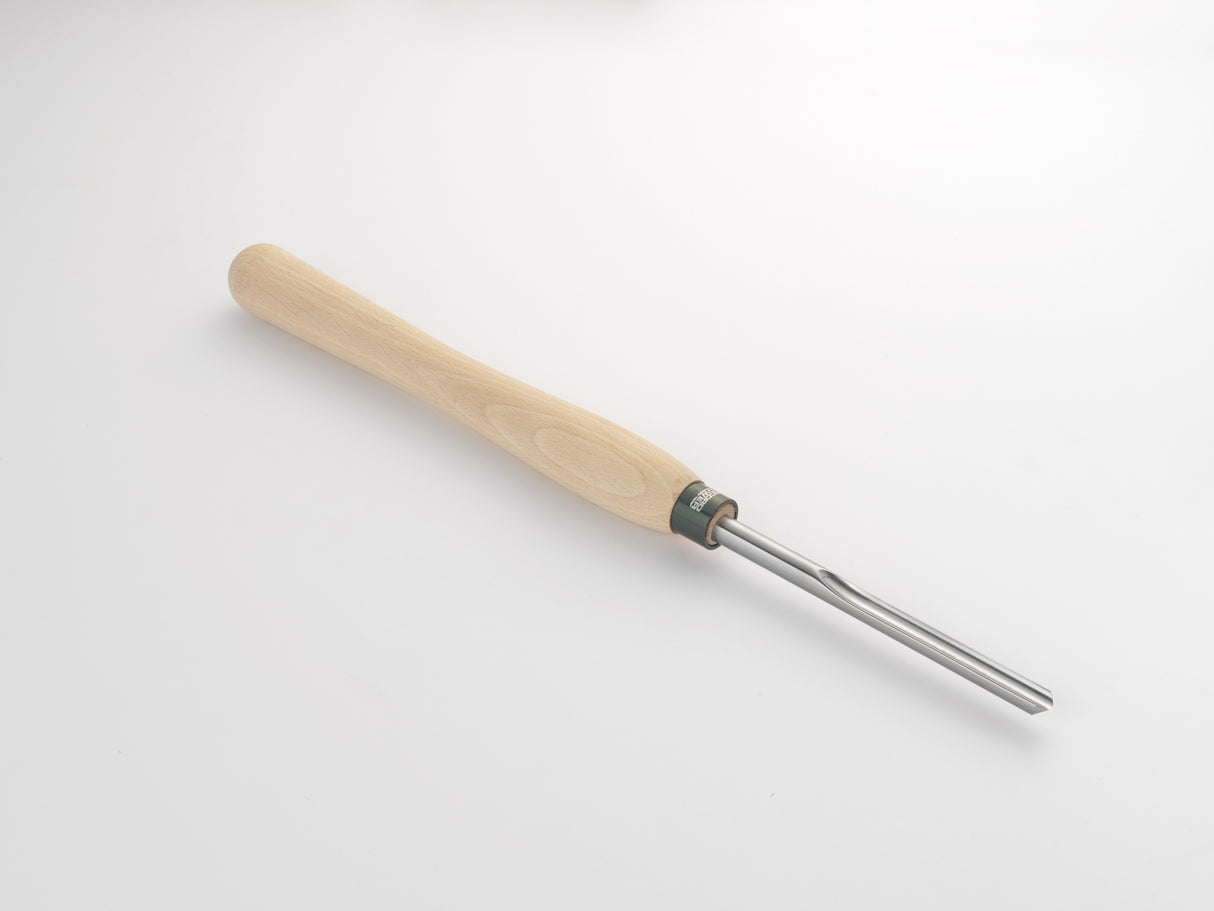 Sgorbia 12,7 mm Record Power in HSS con manico in faggio, ideale per realizzare perline, gole e profili curvi nella tornitura del legno.