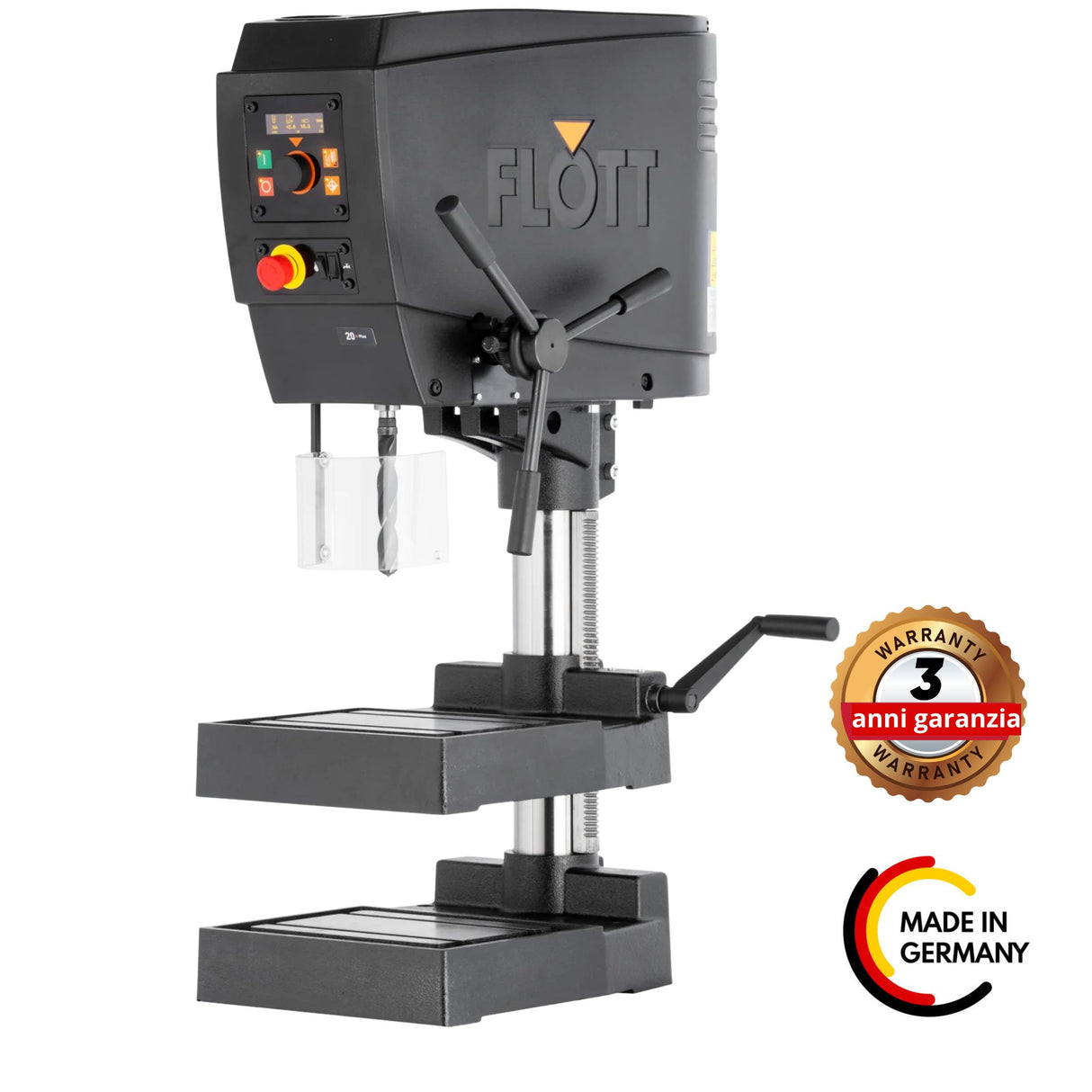 Trapano da banco Flott TB 20 Plus 400 V con motore da 1,5 kW, display OLED digitale, illuminazione LED e funzione di filettatura fino a M12.