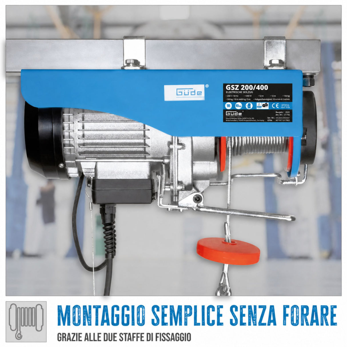 Polipasto eléctrico Güde GSZ 200/400 – capacidad 200 kg en tiro directo o 400 kg con carrucola, fune 12 m