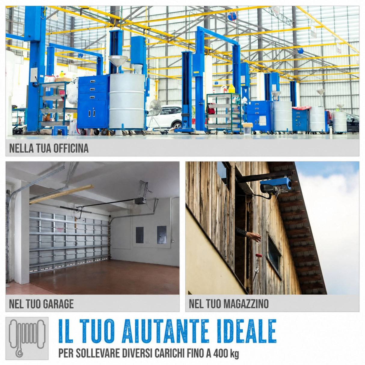 Polipasto eléctrico Güde GSZ 200/400 – capacidad 200 kg en tiro directo o 400 kg con carrucola, fune 12 m