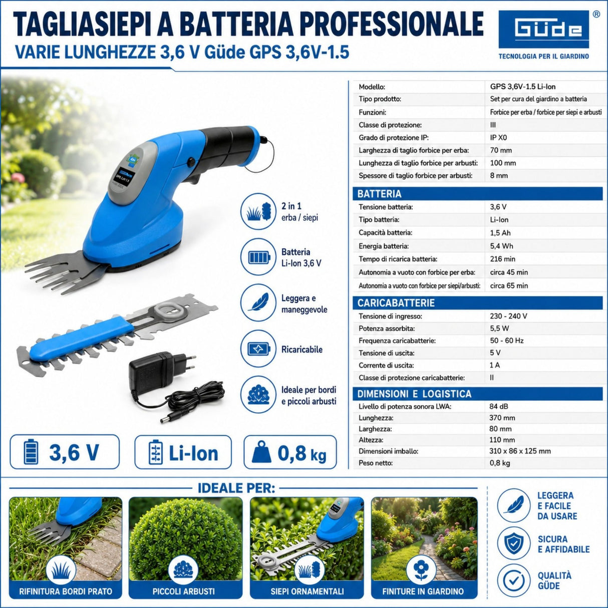 Juego para la cuidado del jardín a batería Güde GPS 3,6V-1.5