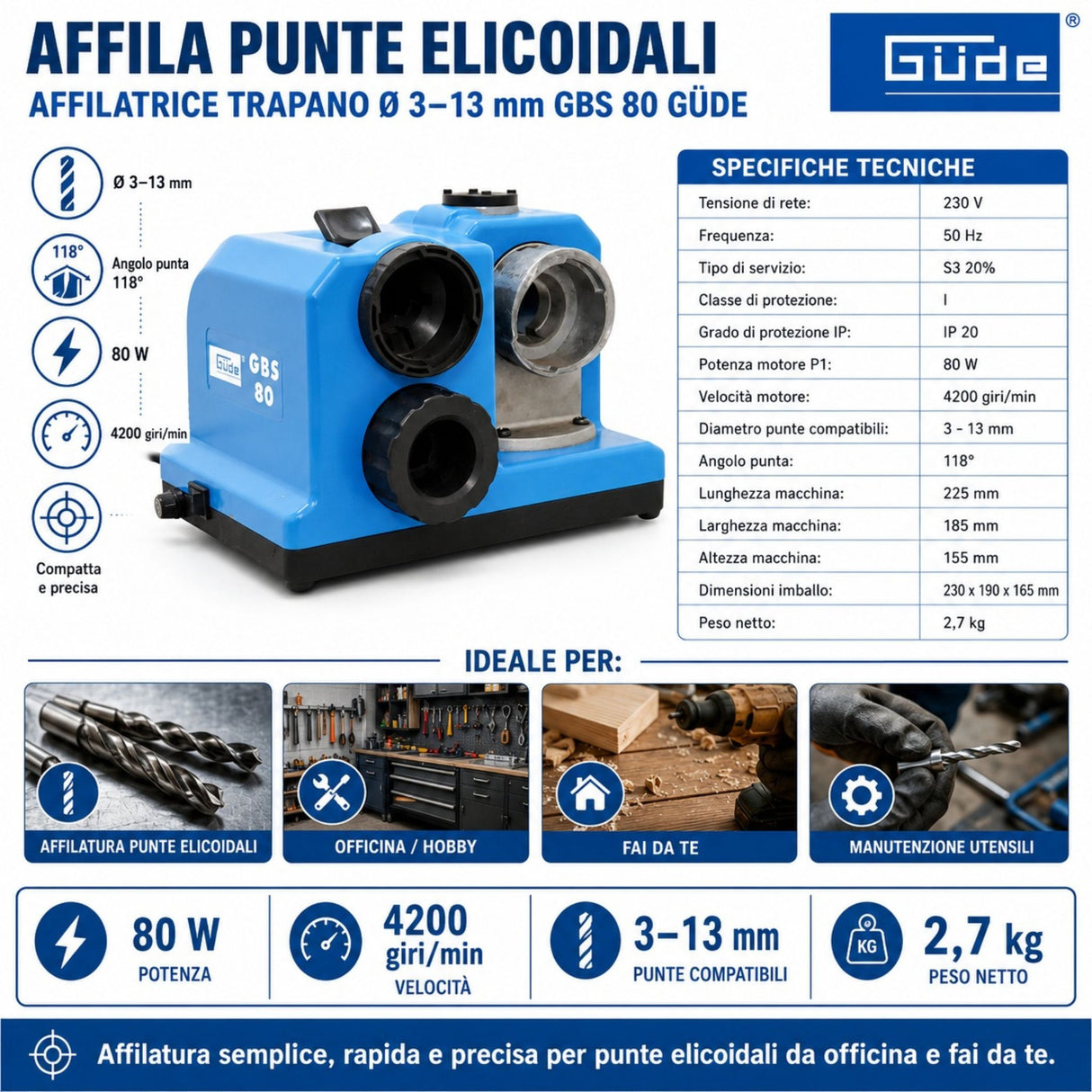 Afiladora para brocas Güde GBS 80
