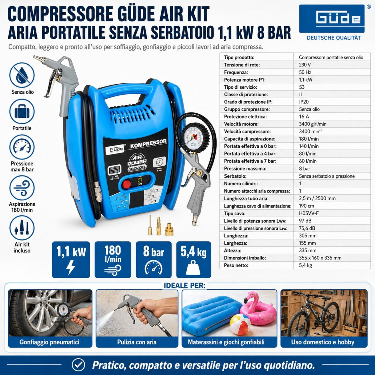 Compresor de aire portátil Güde airpower 180/08