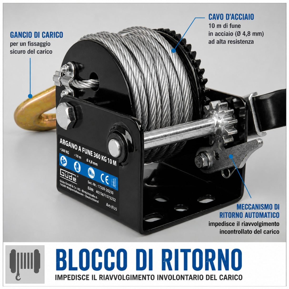 Verricello manuale Güde 360 kg e 10 m