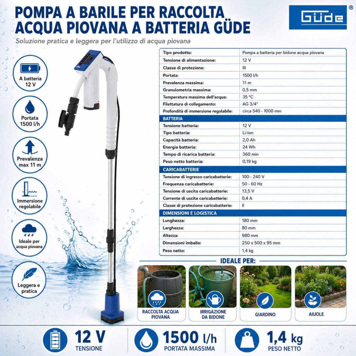 Bomba para cisterna de agua de lluvia a batería Güde RFP 12-201-04
