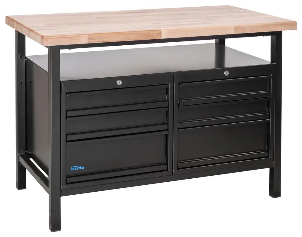 Banco da lavoro professionale Güde P 1200 SS Black Line con piano in faggio massello e 6 cassetti bloccabili su guide a sfera, ideale per officina.