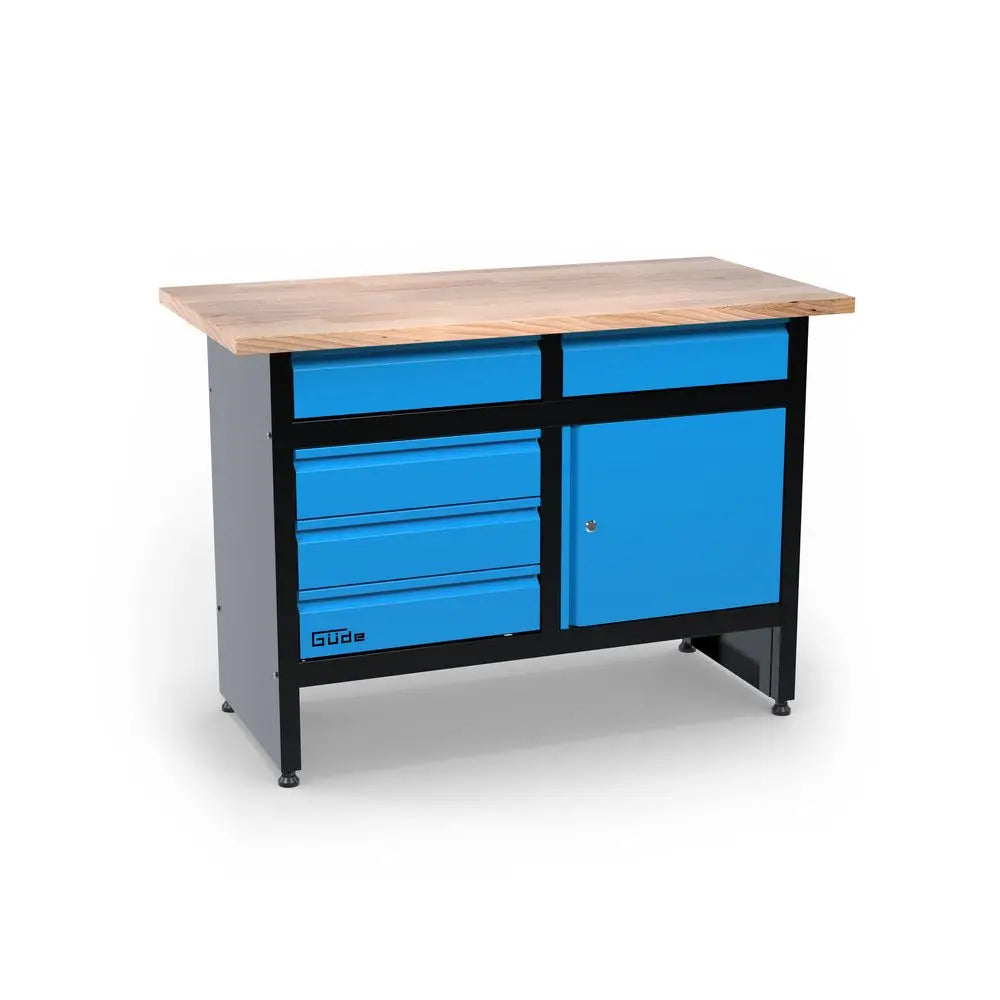 Banco da lavoro Guede GW 5/1 con piano in rubberwood massello, cinque cassetti a estrazione totale e anta con serratura, ideale per officina e garage.