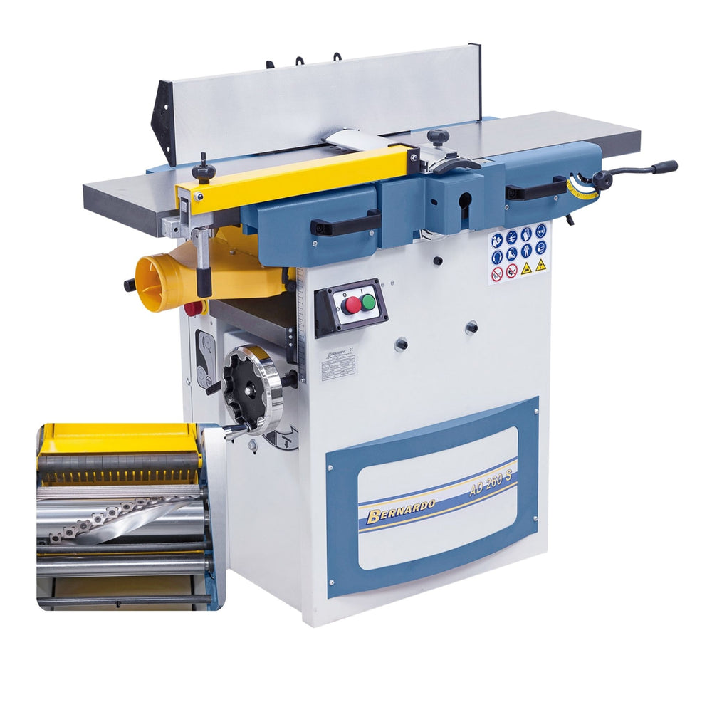 Pialla filo e spessore Bernardo AD 260 S con albero a spirale a 24 inserti TCT, robusta e precisa, con motore trifase 400 V.