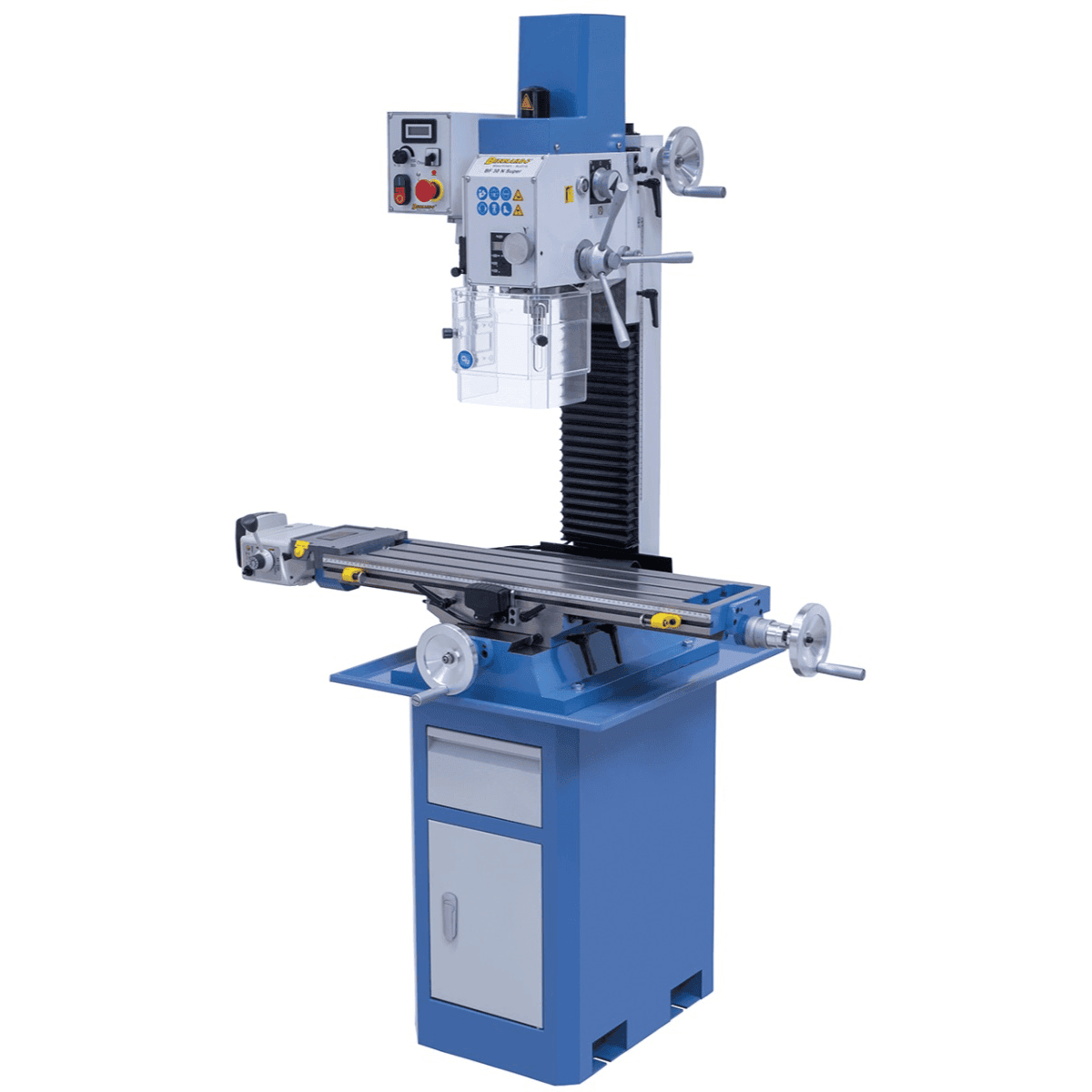 Trapano-fresatrice Bernardo BF 30 N Super con tavola 840 x 210 mm, testa inclinabile ±90°, velocità variabile continua, avanzamento automatico asse X e indicatori digitali inclusi.