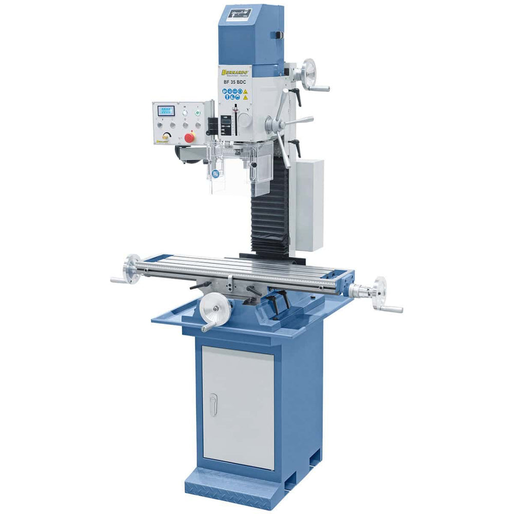 Trapano-fresatrice Bernardo BF 35 BDC con tavola a croce 840 x 210 mm, testa inclinabile ±90°, velocità variabile continua e indicatori digitali inclusi.