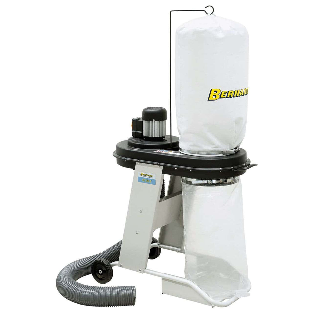 Impianto di aspirazione Bernardo DC 200 E con sacca trucioli da 60 L, filtro 1,0 m² e tubo di aspirazione da 2 m, ideale per piccoli laboratori.