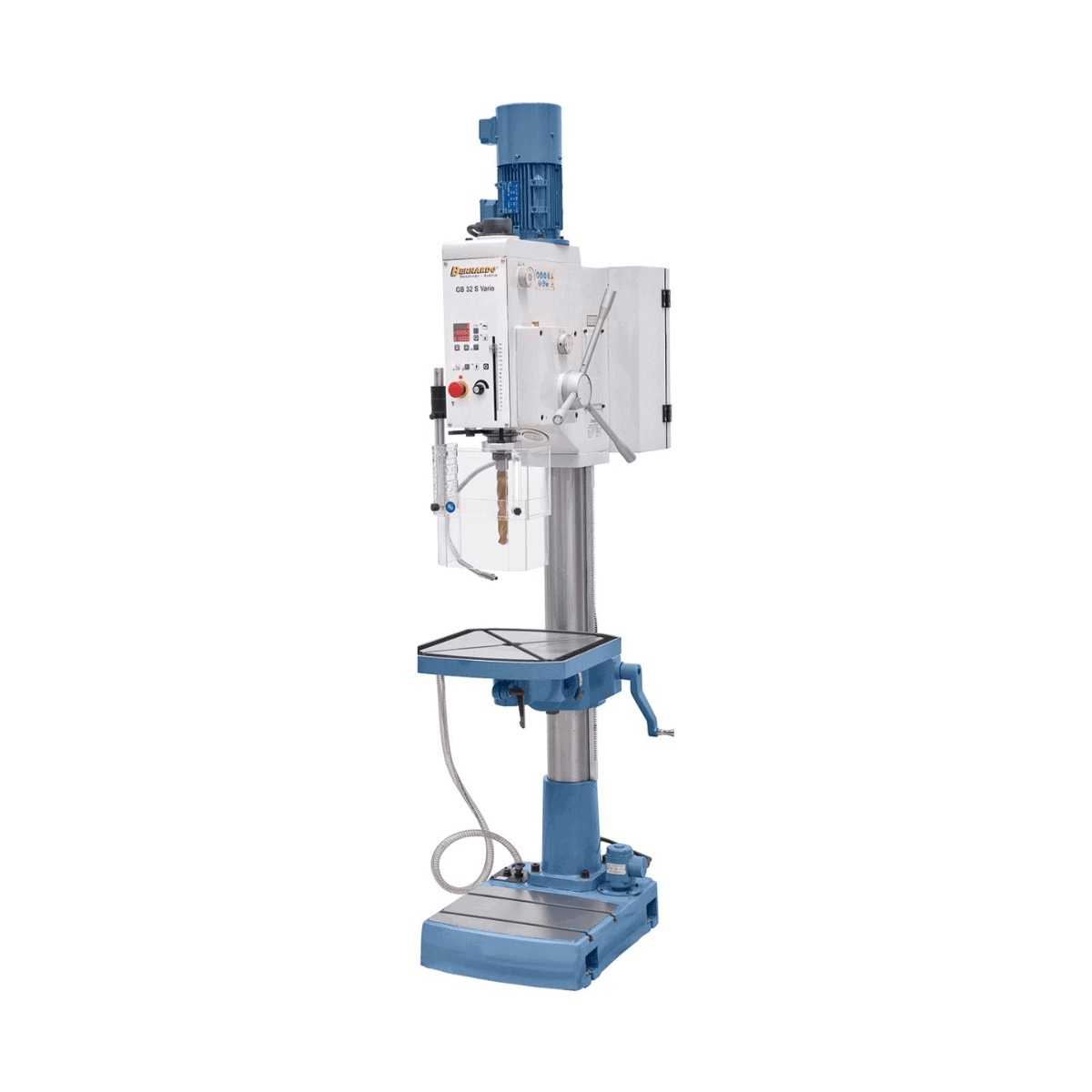Trapano a colonna Bernardo GB 32 S Vario con velocità variabile, testa inclinabile, tavola girevole 460 x 460 mm, pompa di refrigerazione e avanzamenti automatici del mandrino.