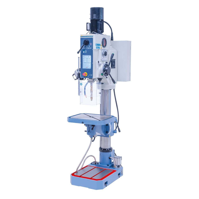 Trapano a colonna Bernardo GB 45 NC Vario con touchscreen, 4 avanzamenti automatici, tavola inclinabile e girevole, pompa di refrigerazione integrata e capacità di foratura fino a 45 mm.