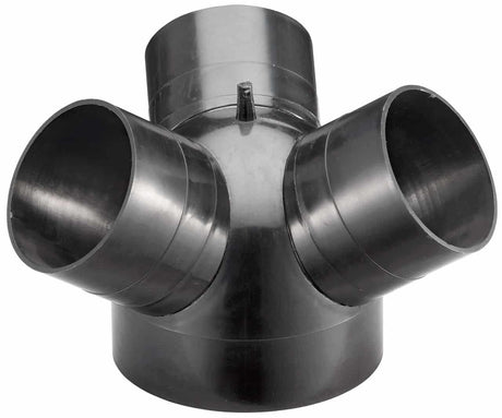 Giunzione a Y Bernardo con ingresso Ø150 mm e tre uscite Ø100 mm, compatibile con aspiratori DC 500, DC 500 E, DC 550 CF e RV 350, ideale per impianti di aspirazione professionali.