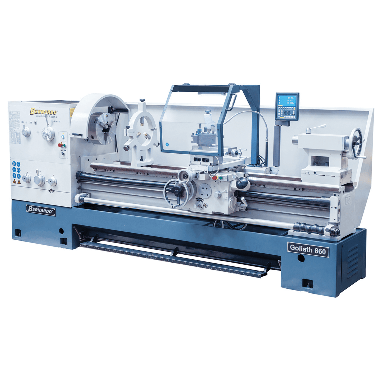 Tornio Bernardo Goliath 660 x 1500, macchina pesante con struttura in ghisa stabilizzata, mandrino a 3 griffe e distanza tra le punte di 1500 mm, ideale per lavorazioni industriali.